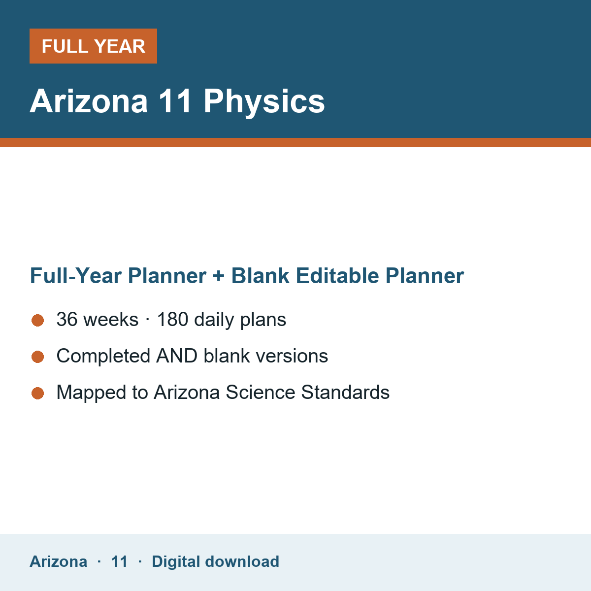 Cover of the Arizona Grade 11 Physics full-year teacher planner