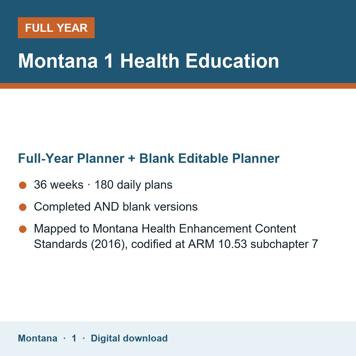 Cover of the Montana Grade 1 Health Education full-year teacher planner