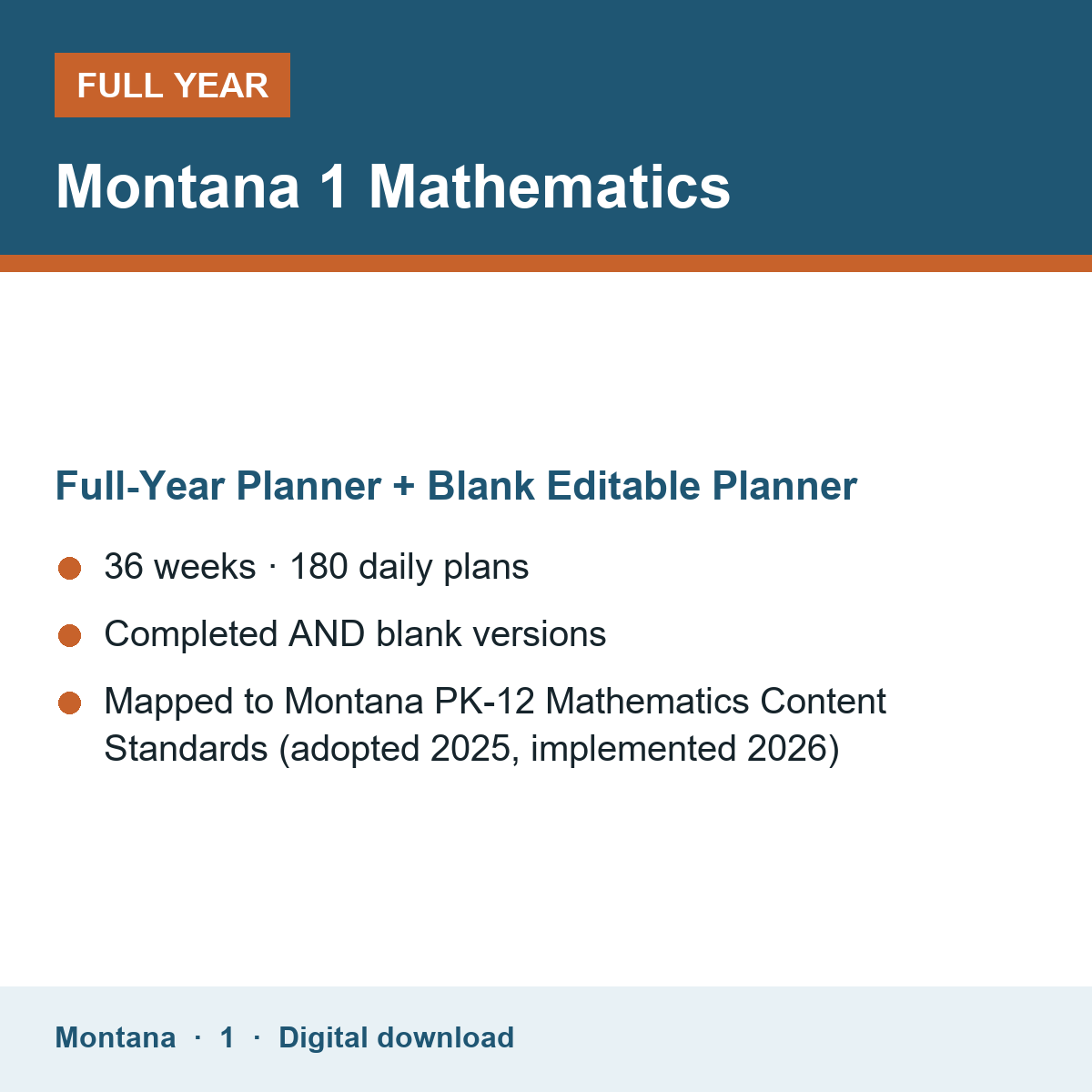 Cover of the Montana Grade 1 Mathematics full-year teacher planner