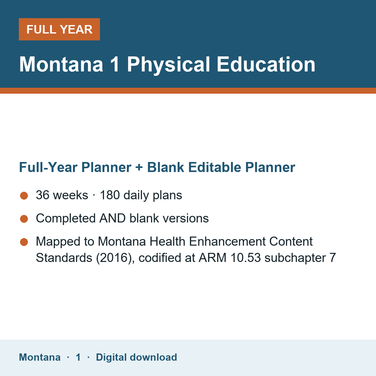 Cover of the Montana Grade 1 Physical Education full-year teacher planner