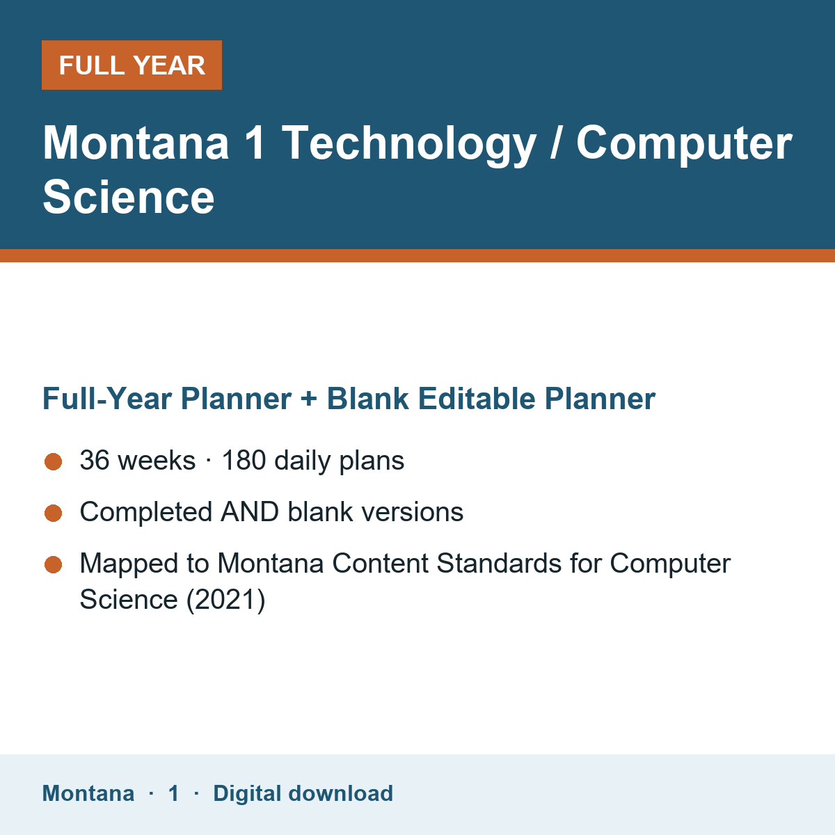 Cover of the Montana Grade 1 Technology / Computer Science full-year teacher planner