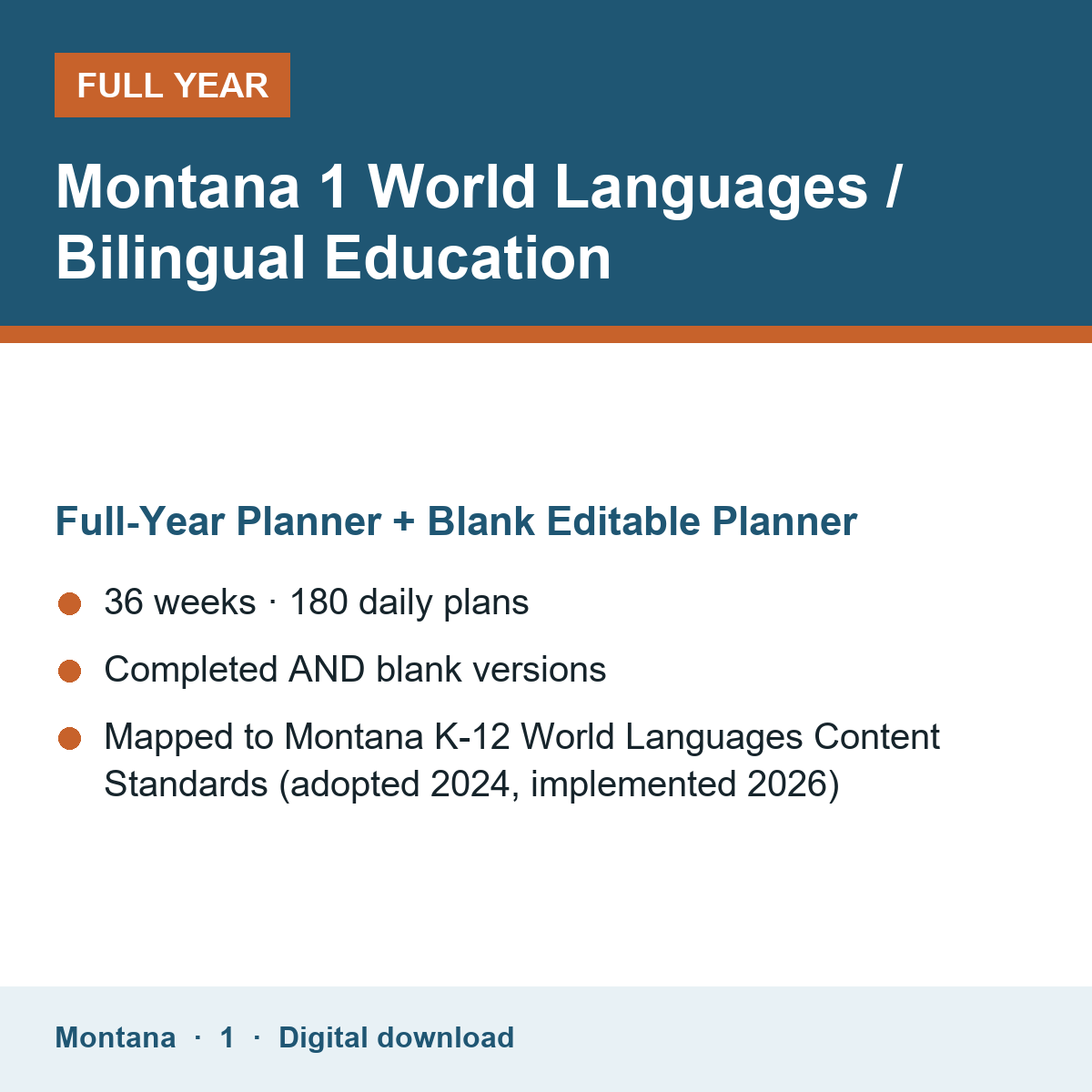 Cover of the Montana Grade 1 World Languages / Bilingual Education full-year teacher planner
