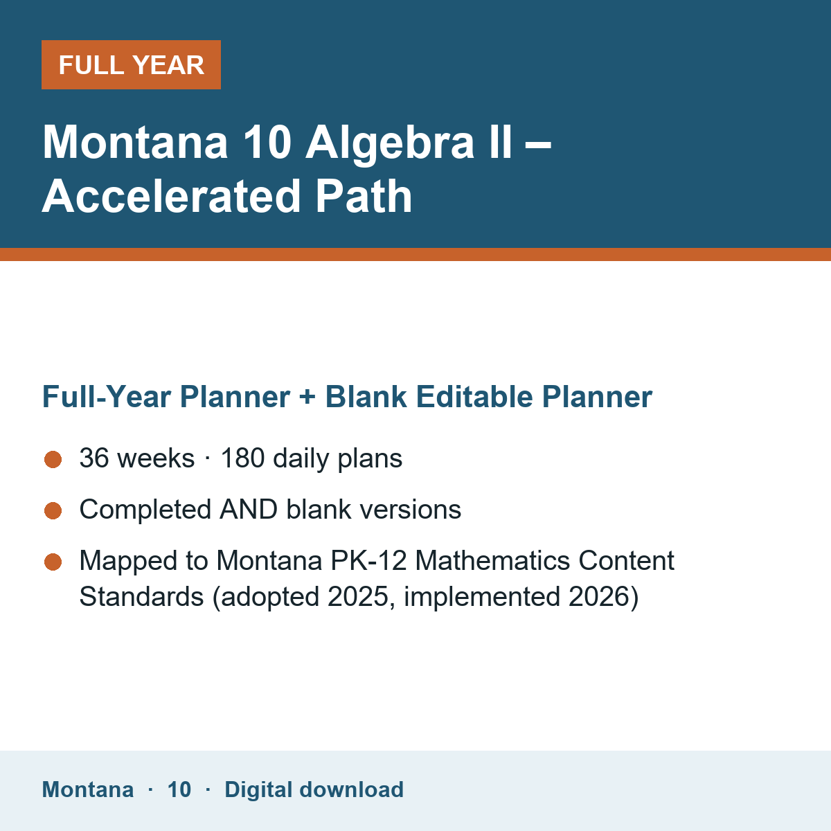 Cover of the Montana Grade 10 Algebra II – Accelerated Path full-year teacher planner