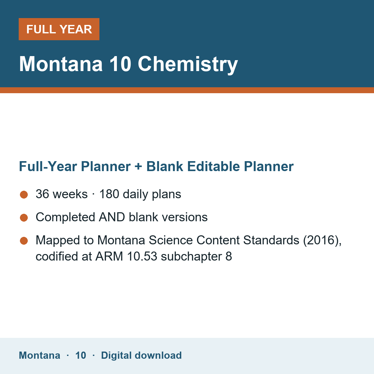Cover of the Montana Grade 10 Chemistry full-year teacher planner