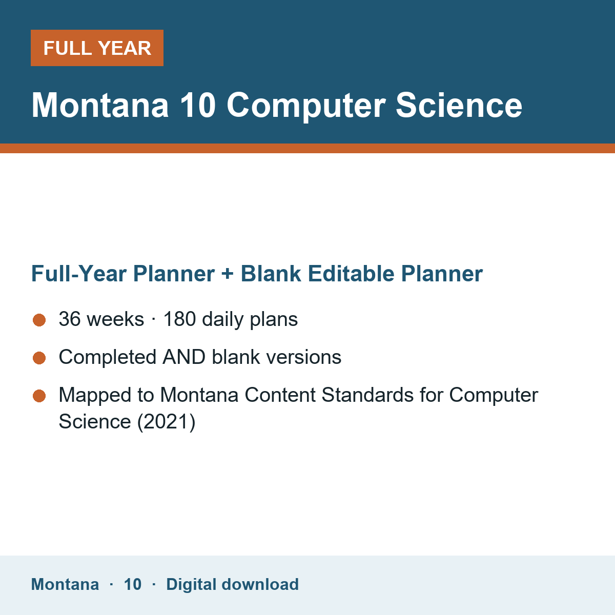 Cover of the Montana Grade 10 Computer Science full-year teacher planner
