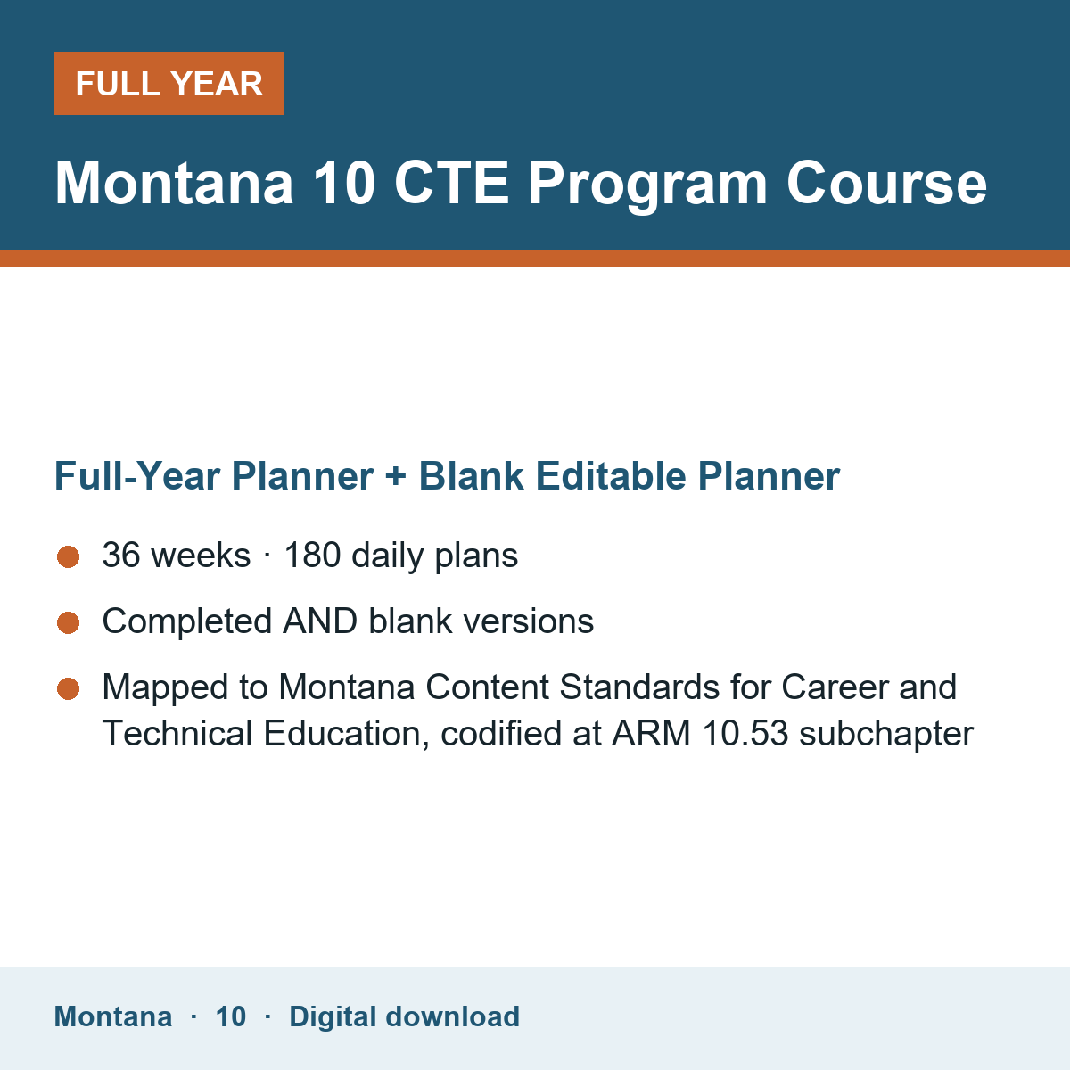 Cover of the Montana Grade 10 CTE Program Course full-year teacher planner