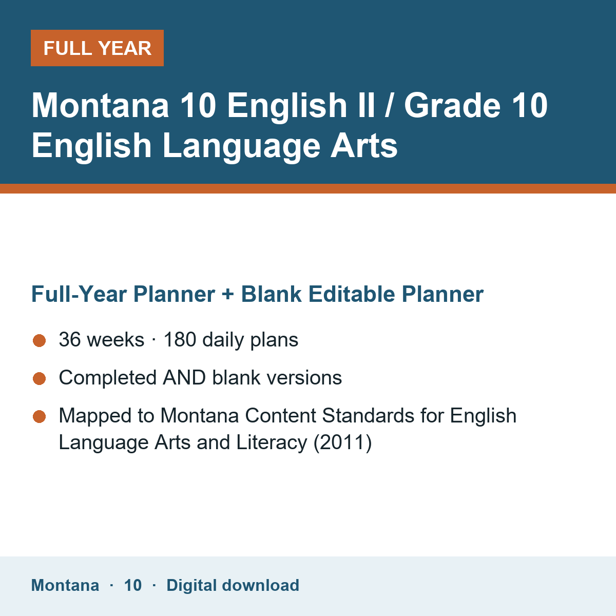 Cover of the Montana Grade 10 English II / Grade 10 English Language Arts full-year teacher planner