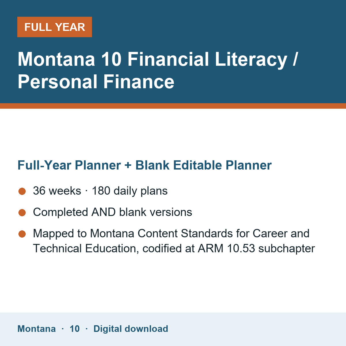 Cover of the Montana Grade 10 Financial Literacy / Personal Finance full-year teacher planner