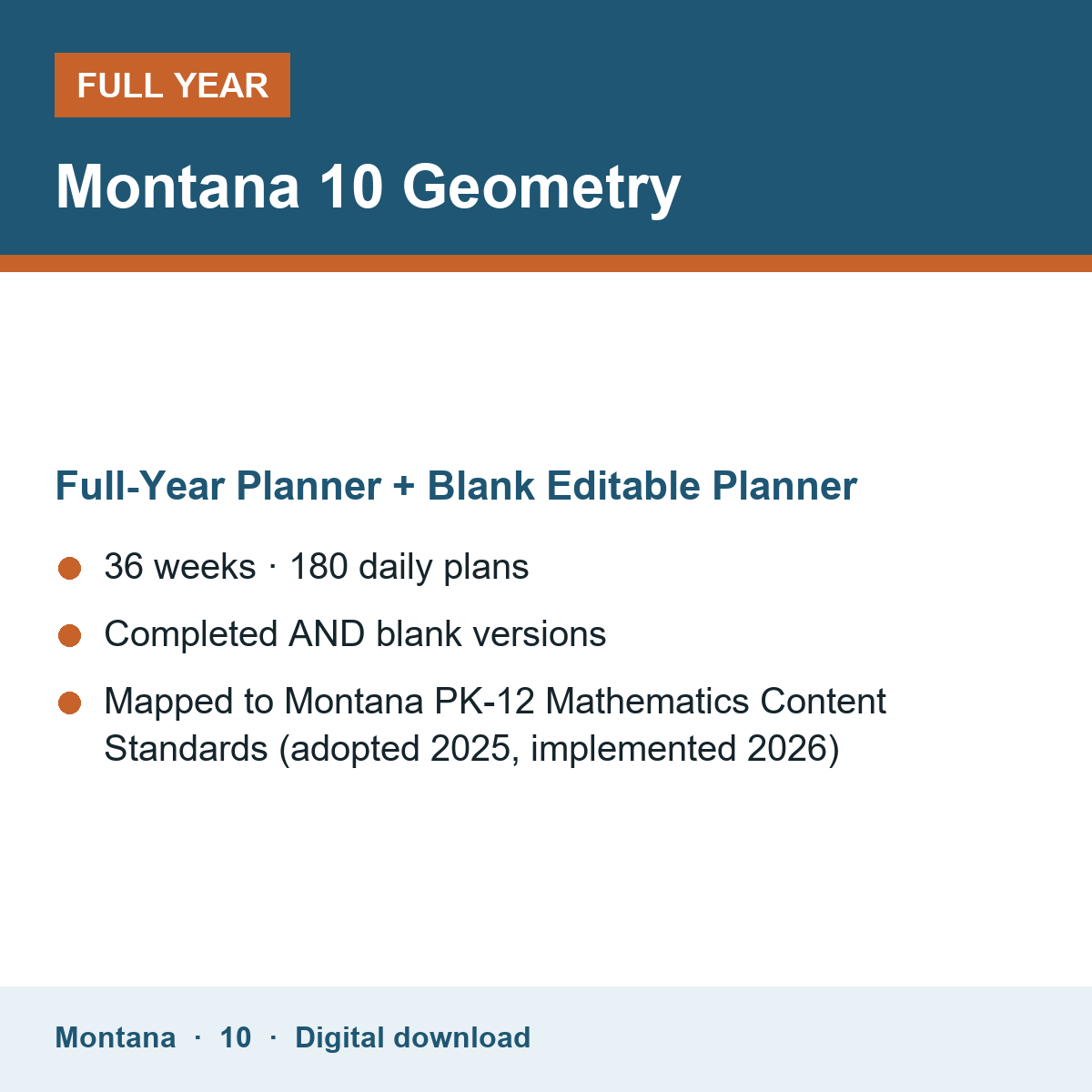Cover of the Montana Grade 10 Geometry full-year teacher planner