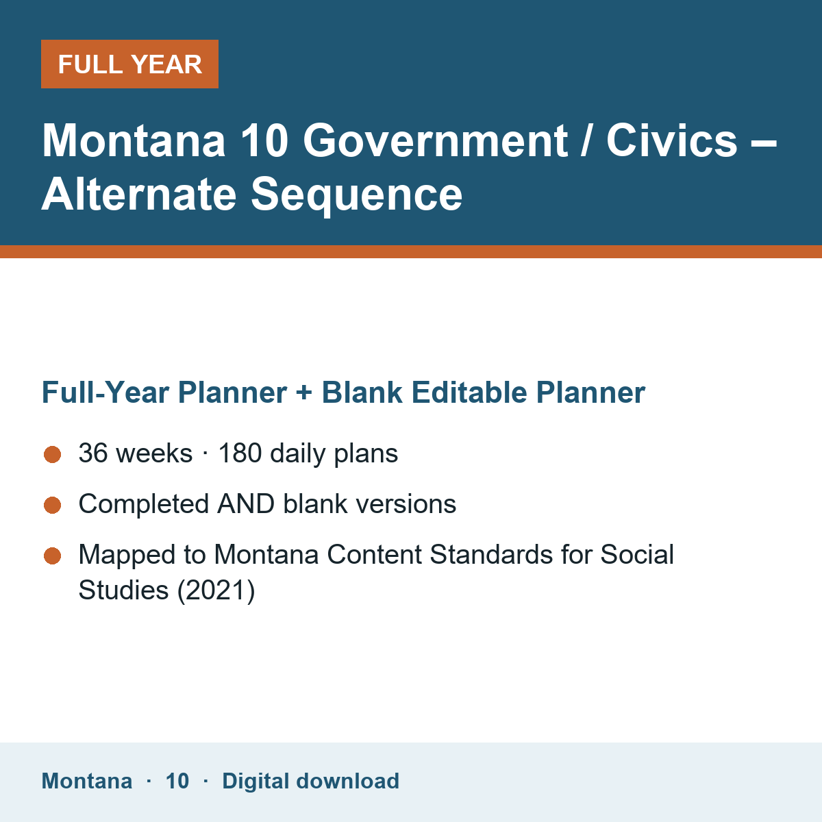 Cover of the Montana Grade 10 Government / Civics – Alternate Sequence full-year teacher planner