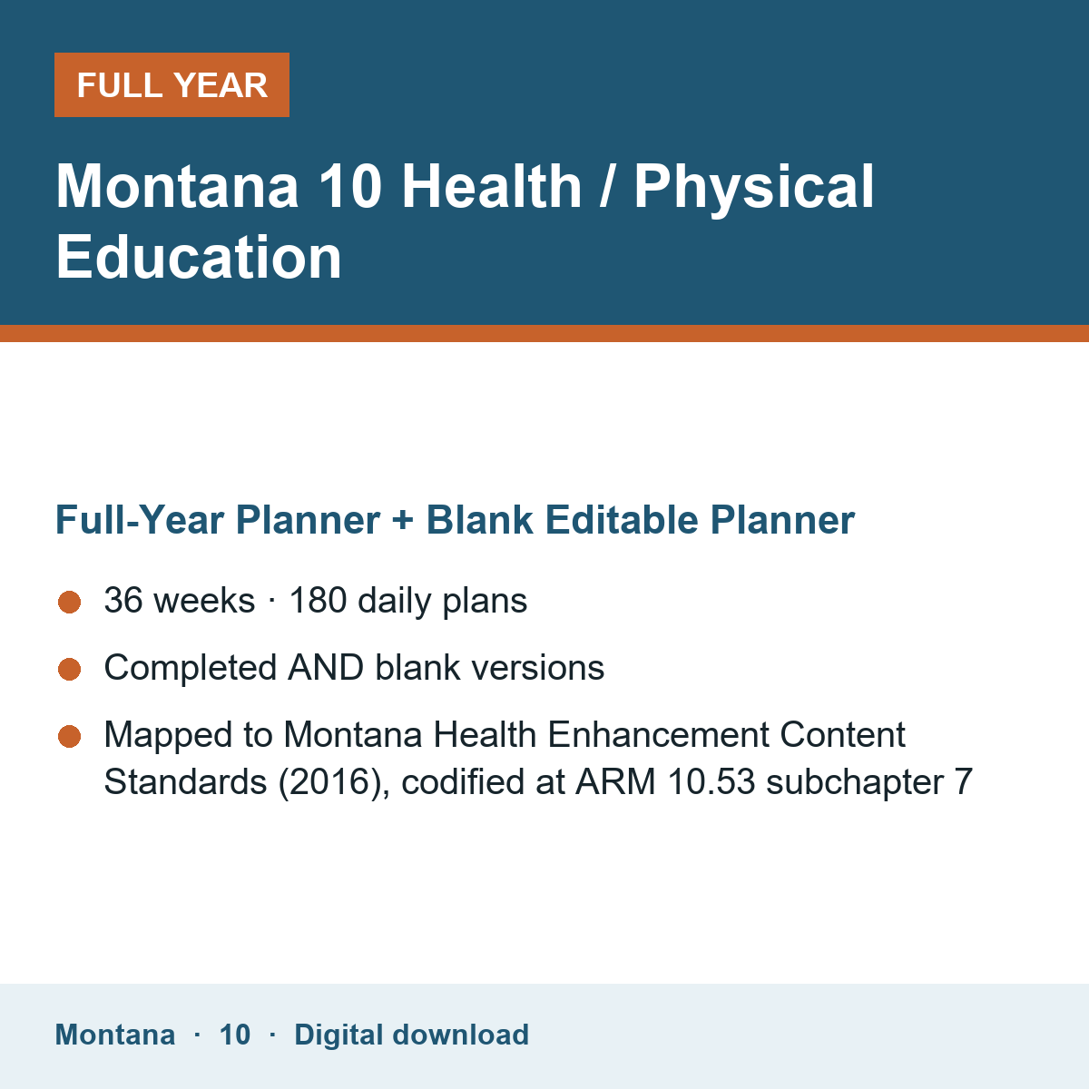 Cover of the Montana Grade 10 Health / Physical Education full-year teacher planner