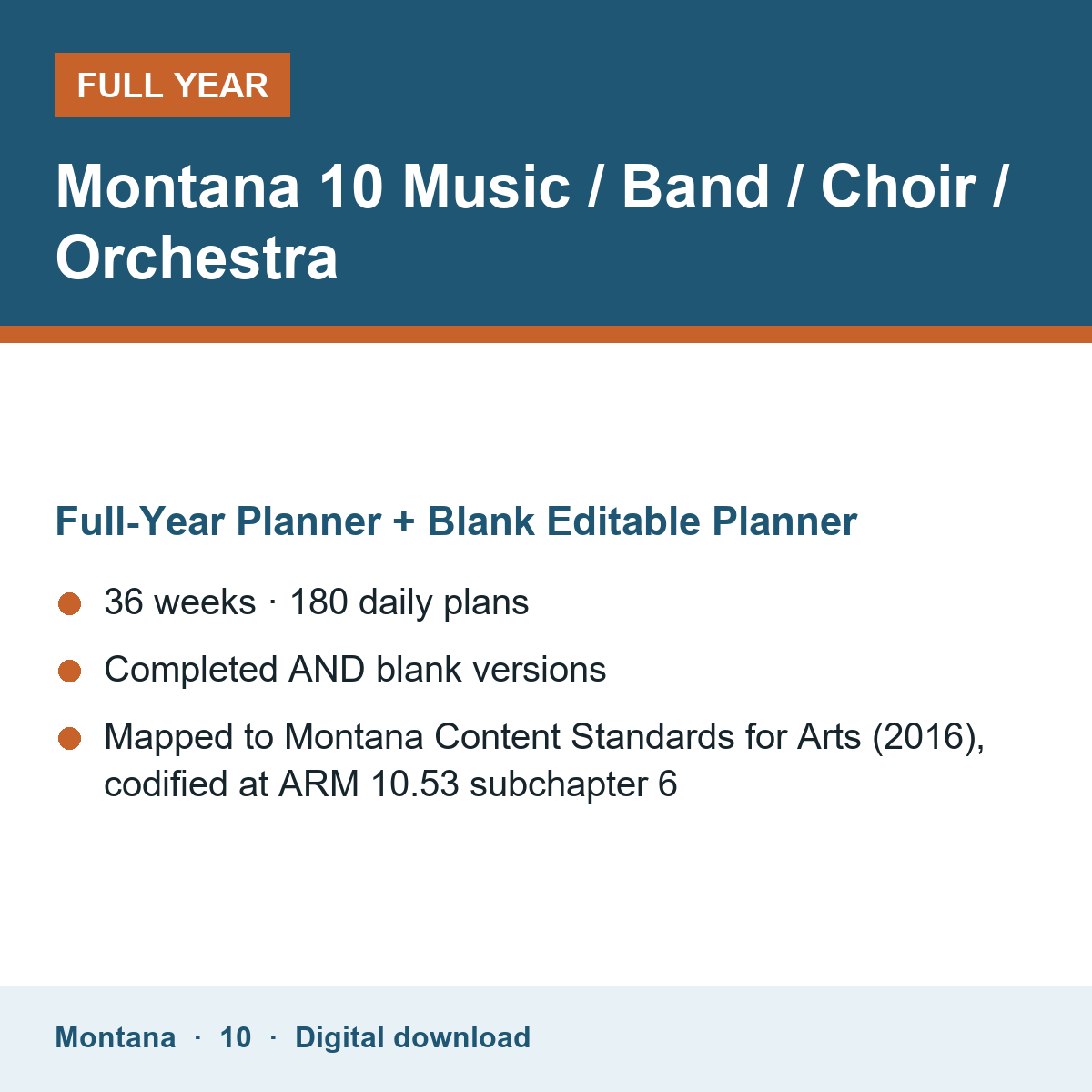 Cover of the Montana Grade 10 Music / Band / Choir / Orchestra full-year teacher planner