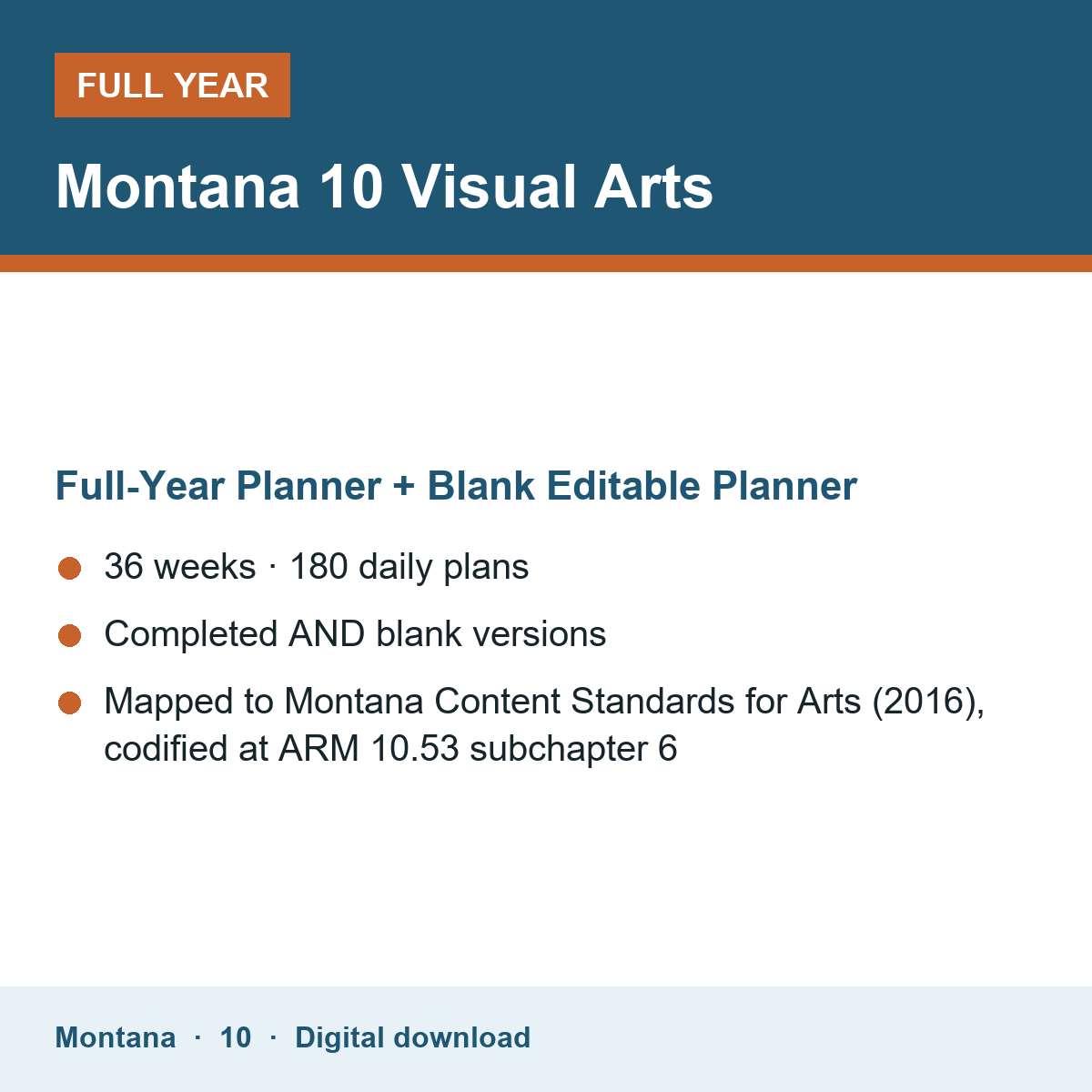 Cover of the Montana Grade 10 Visual Arts full-year teacher planner