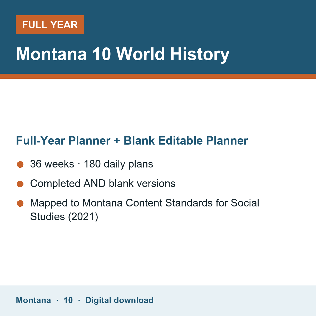 Cover of the Montana Grade 10 World History full-year teacher planner