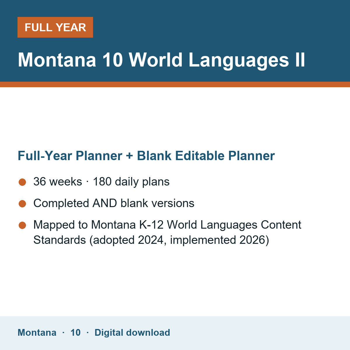 Cover of the Montana Grade 10 World Languages II full-year teacher planner