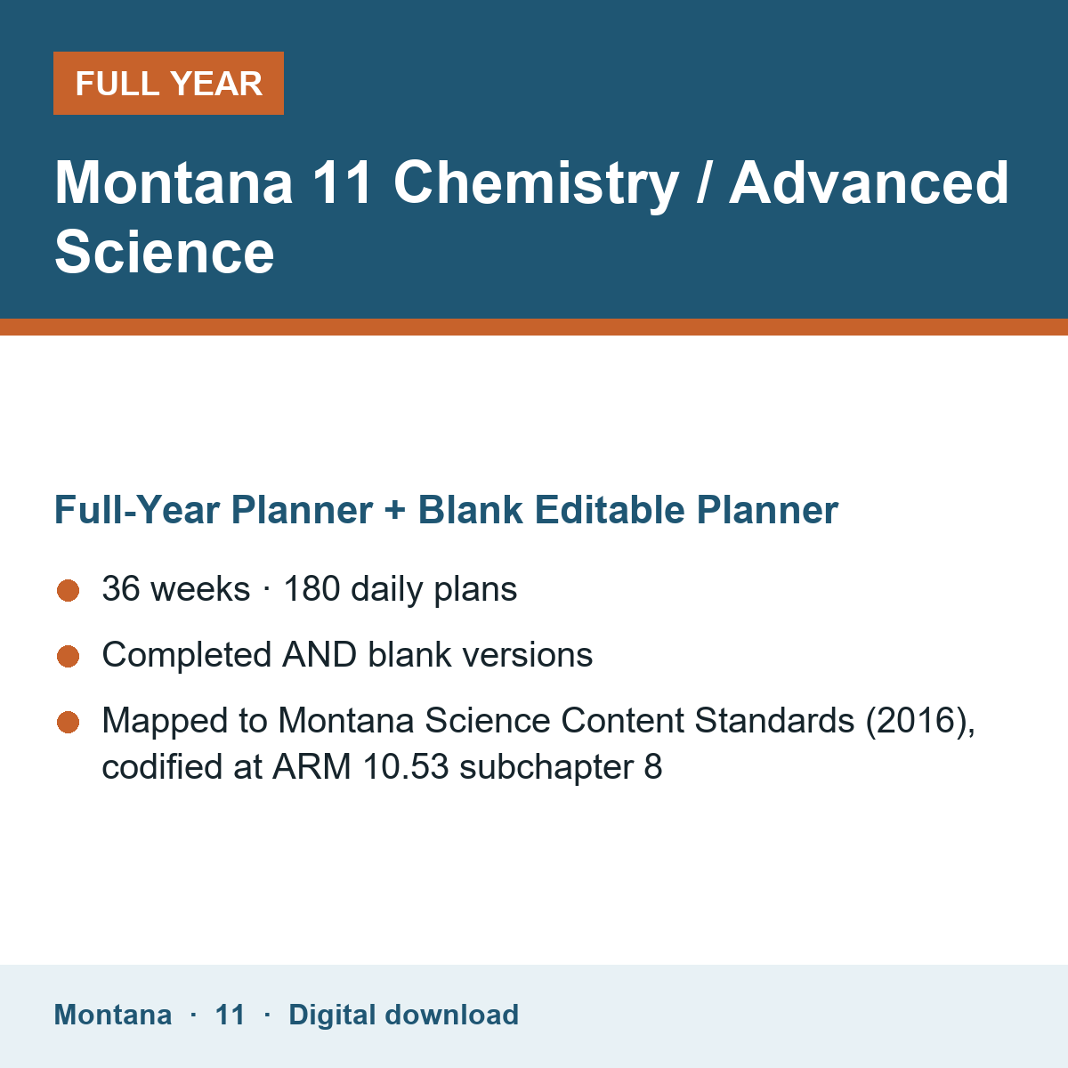 Cover of the Montana Grade 11 Chemistry / Advanced Science full-year teacher planner