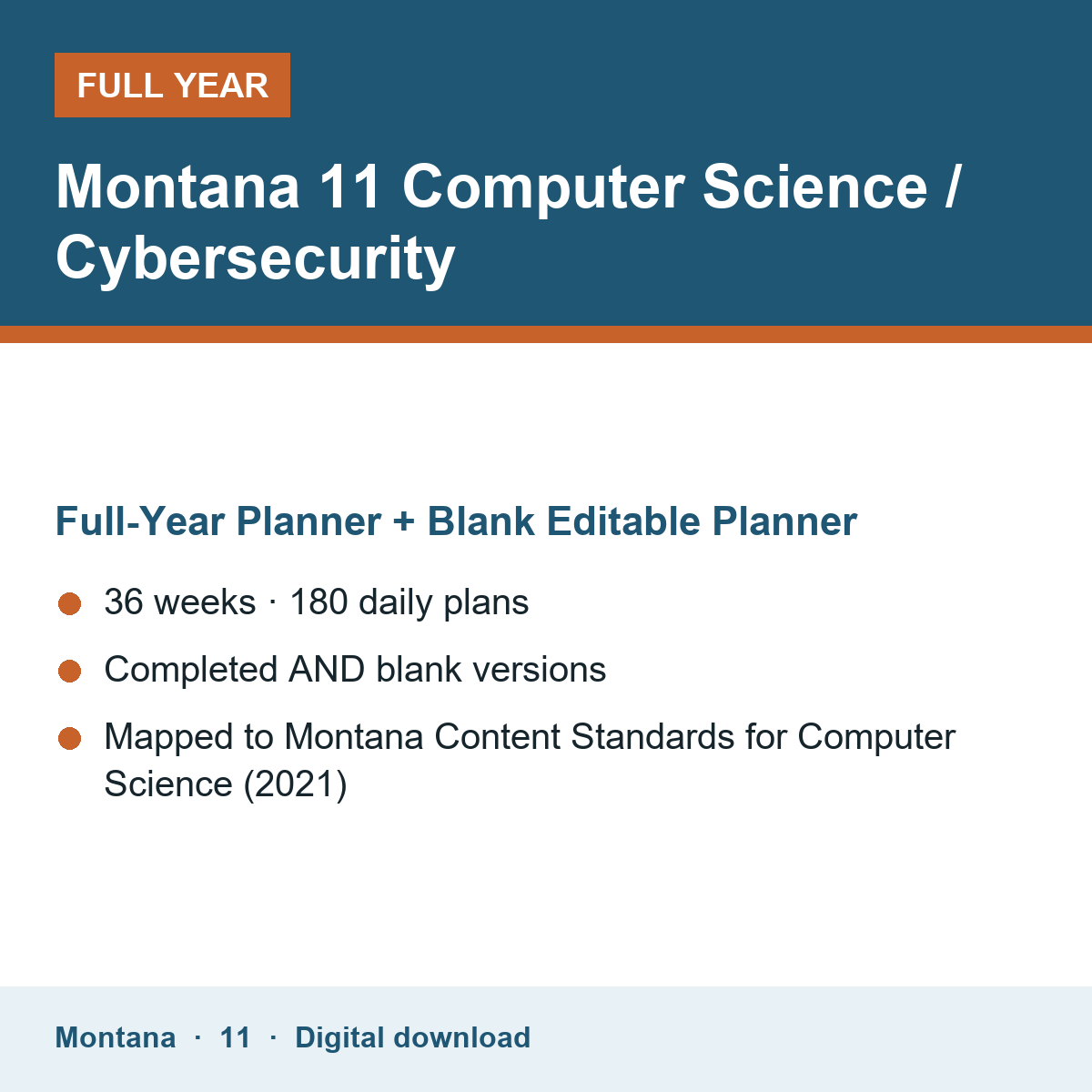Cover of the Montana Grade 11 Computer Science / Cybersecurity full-year teacher planner