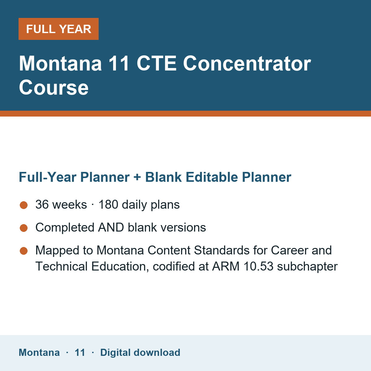 Cover of the Montana Grade 11 CTE Concentrator Course full-year teacher planner