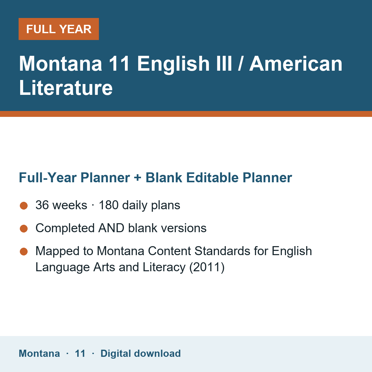 Cover of the Montana Grade 11 English III / American Literature full-year teacher planner