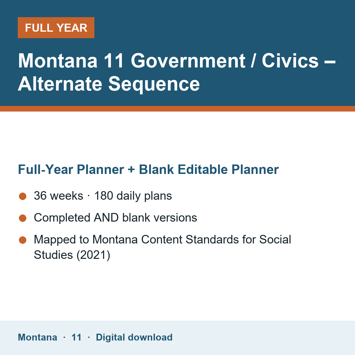 Cover of the Montana Grade 11 Government / Civics – Alternate Sequence full-year teacher planner