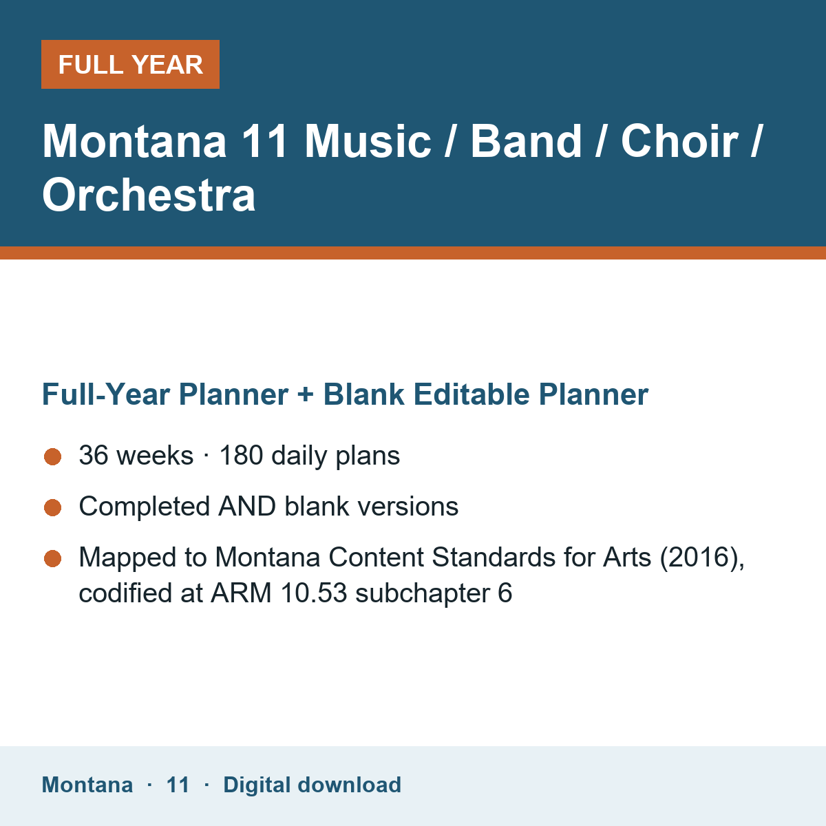 Cover of the Montana Grade 11 Music / Band / Choir / Orchestra full-year teacher planner