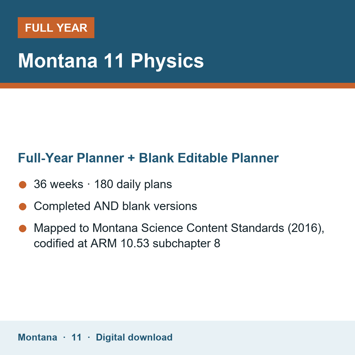Cover of the Montana Grade 11 Physics full-year teacher planner