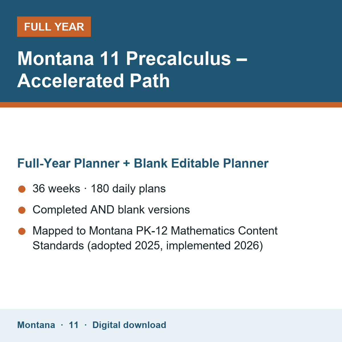 Cover of the Montana Grade 11 Precalculus – Accelerated Path full-year teacher planner