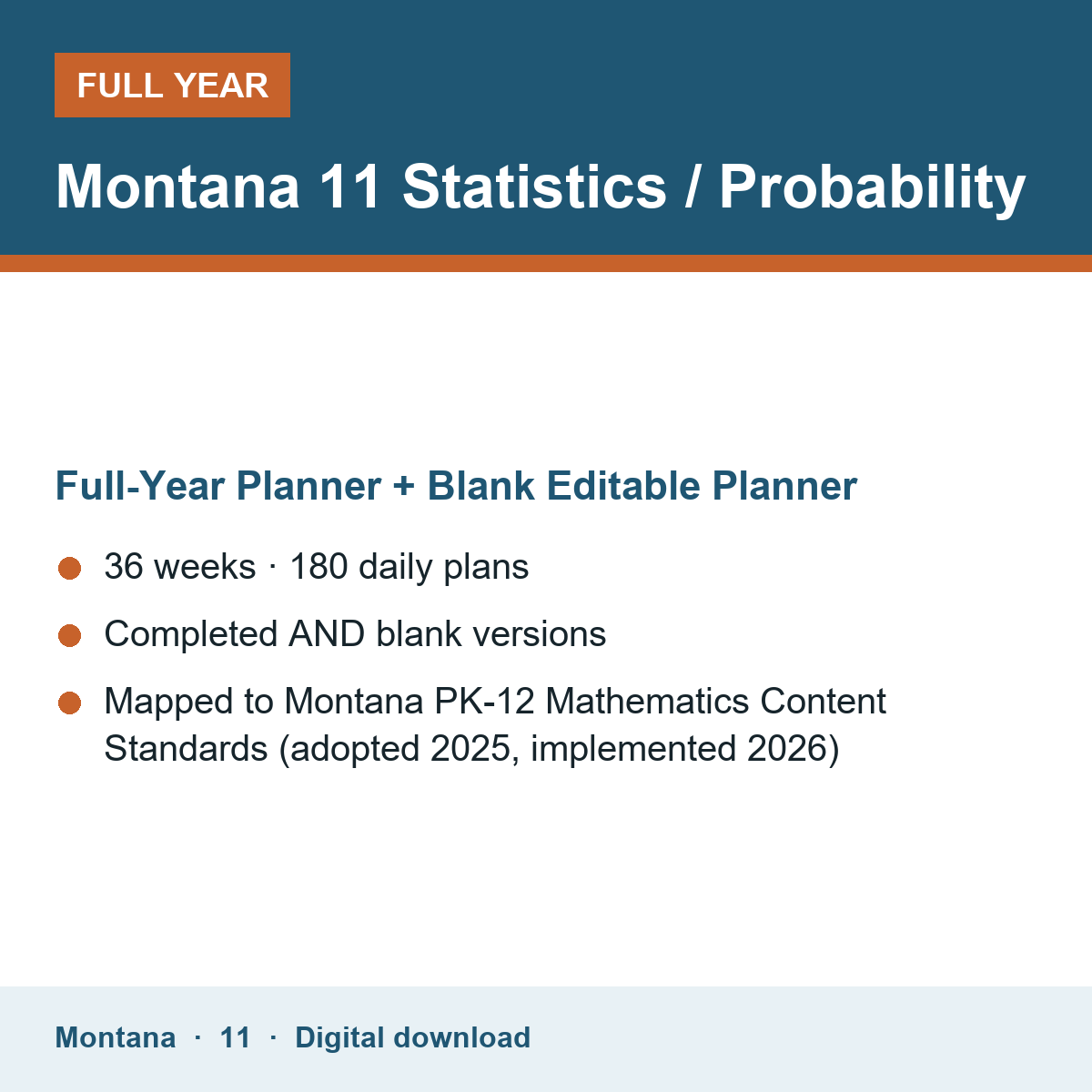 Cover of the Montana Grade 11 Statistics / Probability full-year teacher planner