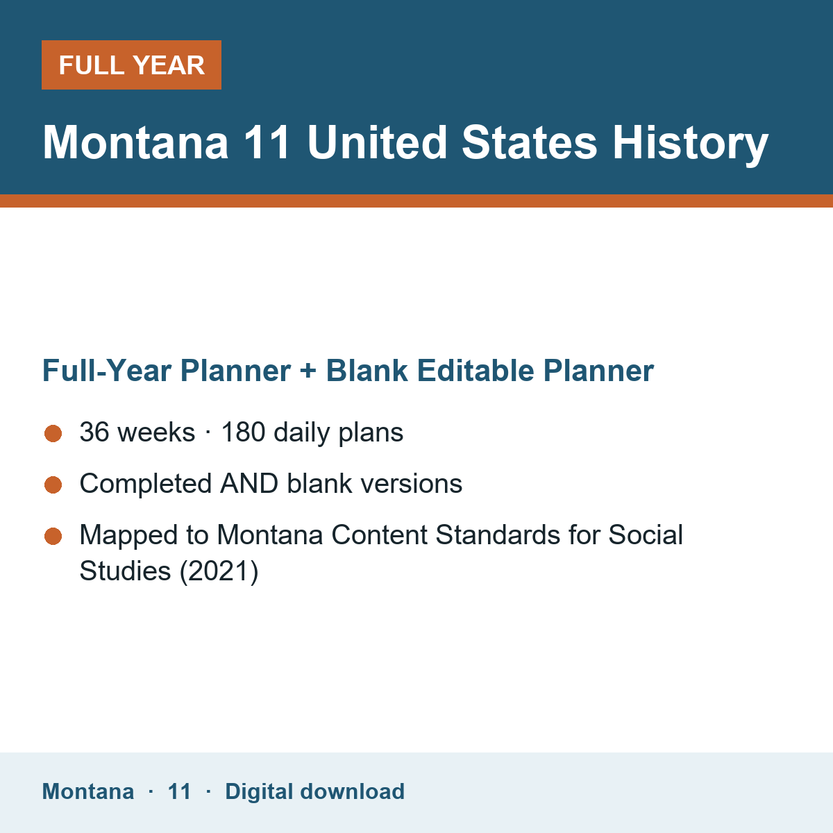 Cover of the Montana Grade 11 United States History full-year teacher planner