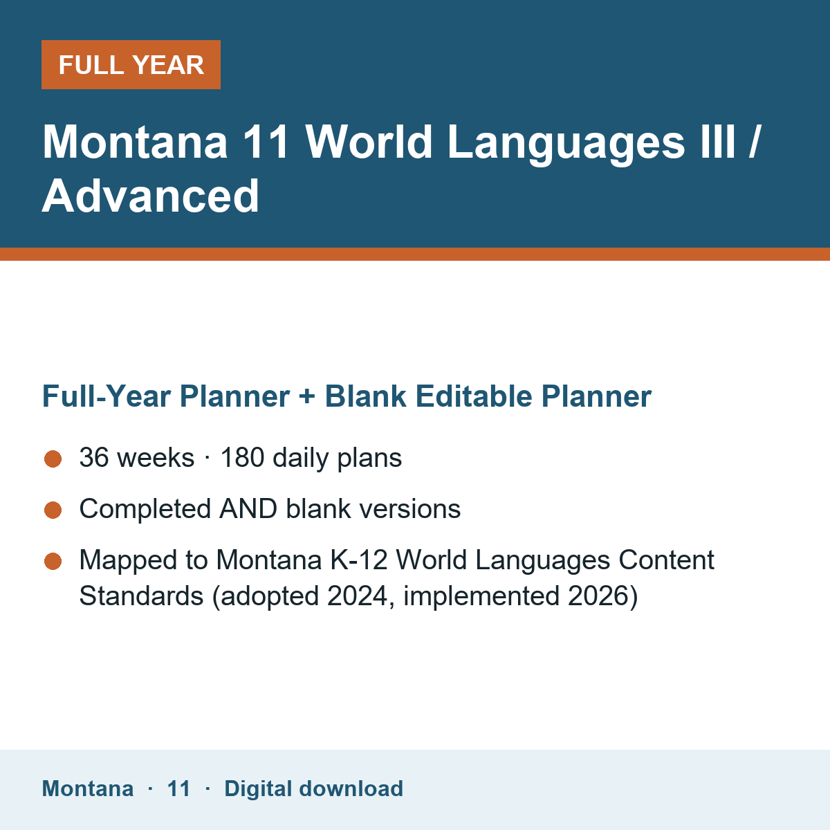 Cover of the Montana Grade 11 World Languages III / Advanced full-year teacher planner