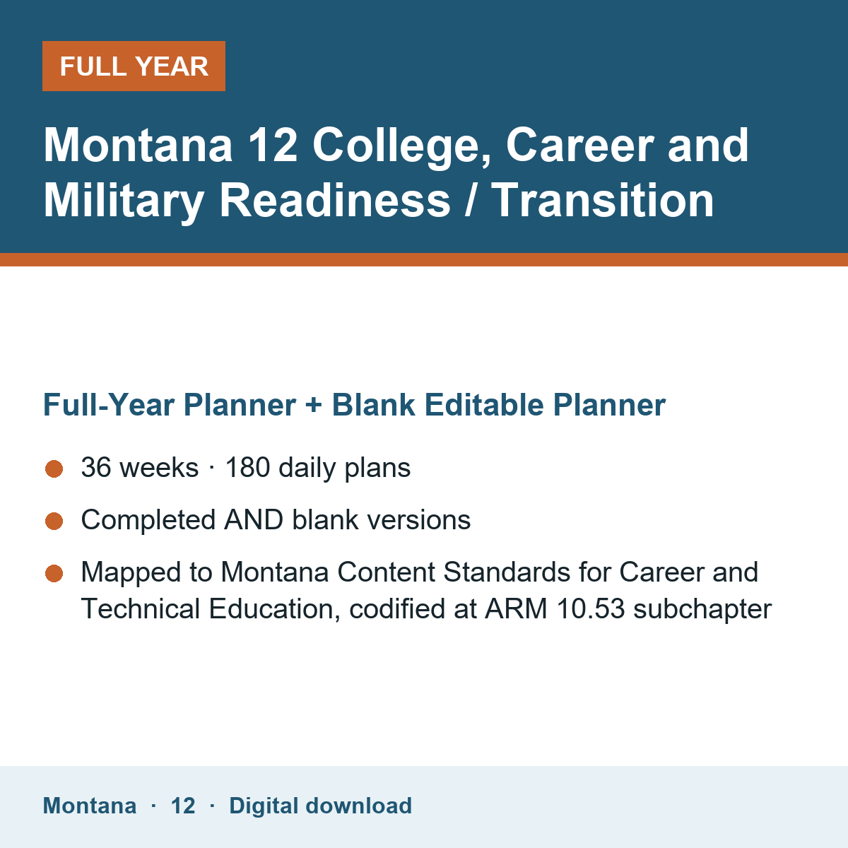 Cover of the Montana Grade 12 College, Career and Military Readiness / Transition full-year teacher planner