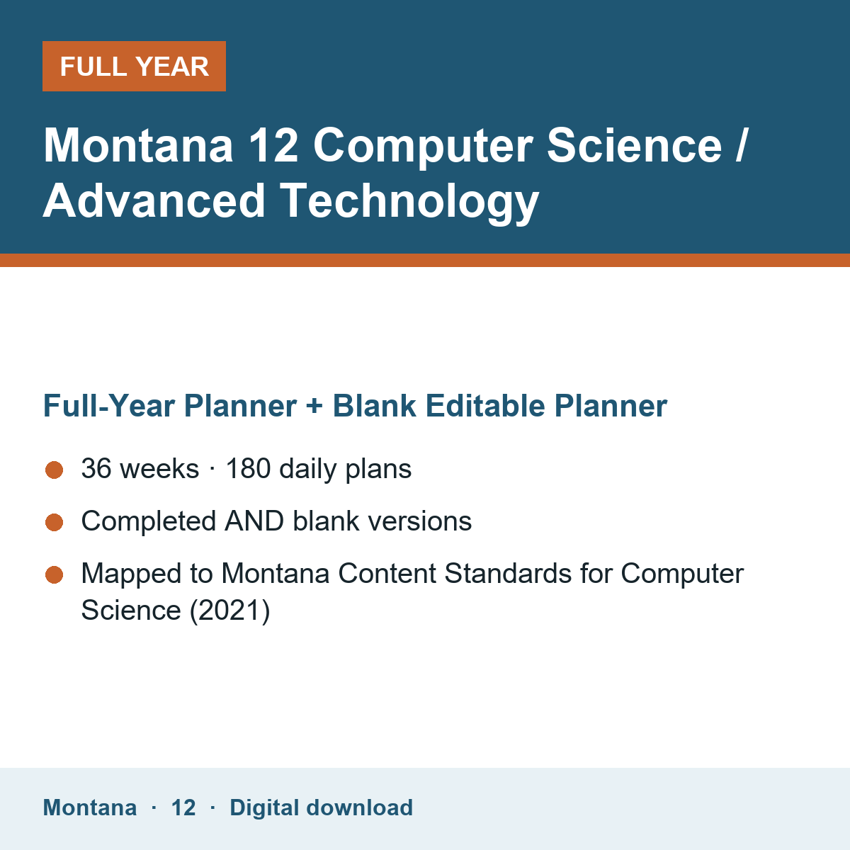 Cover of the Montana Grade 12 Computer Science / Advanced Technology full-year teacher planner