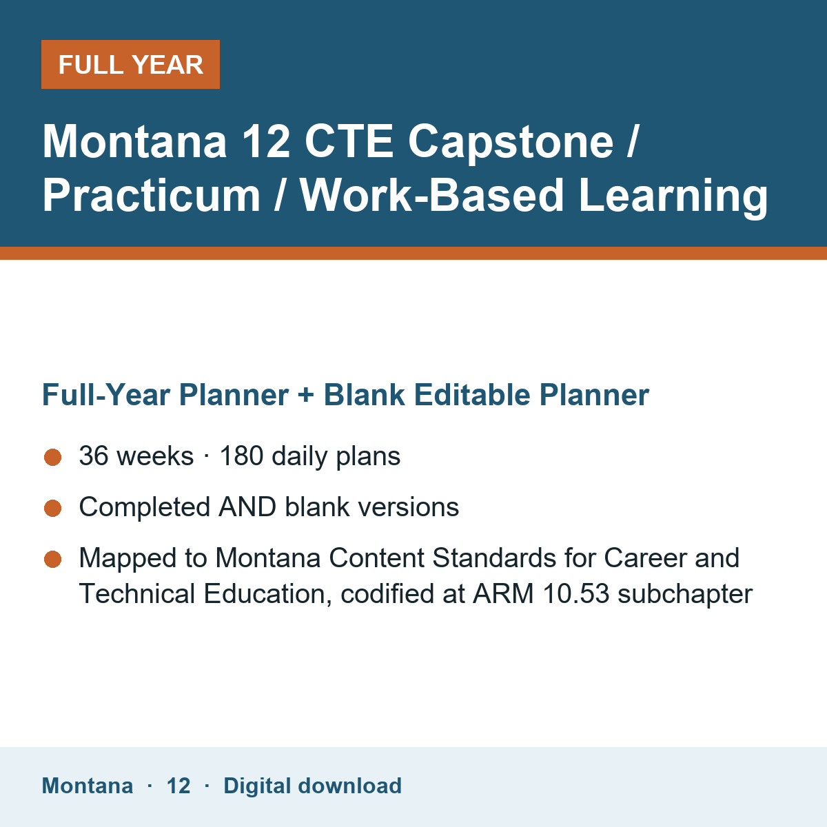 Cover of the Montana Grade 12 CTE Capstone / Practicum / Work-Based Learning full-year teacher planner