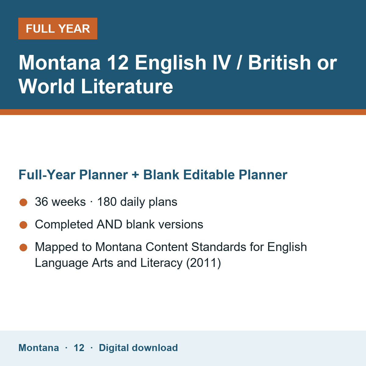 Cover of the Montana Grade 12 English IV / British or World Literature full-year teacher planner
