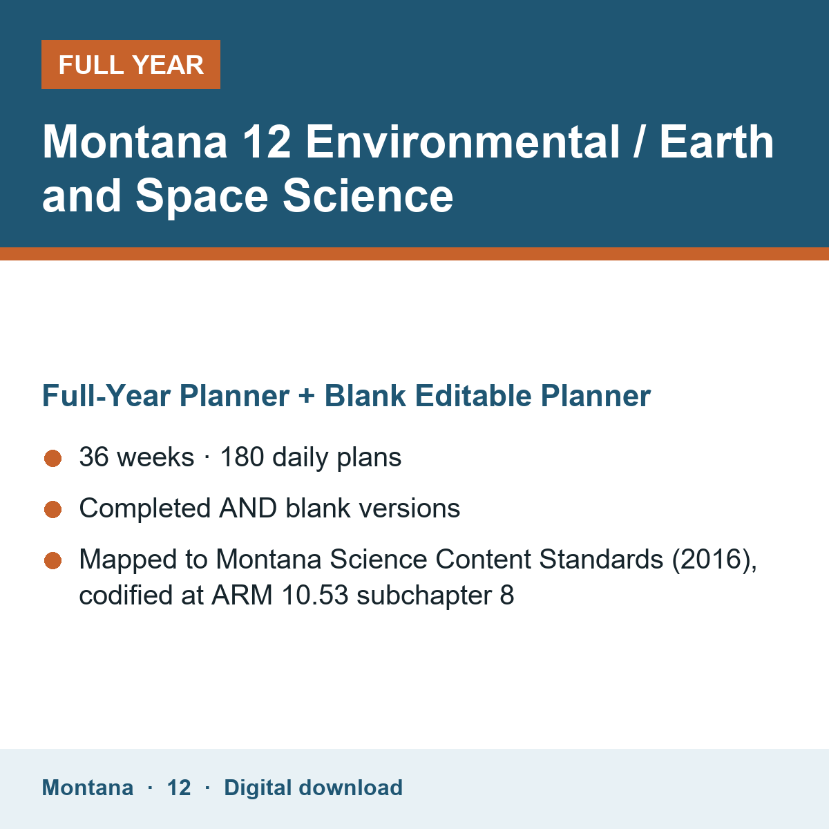 Cover of the Montana Grade 12 Environmental / Earth and Space Science full-year teacher planner