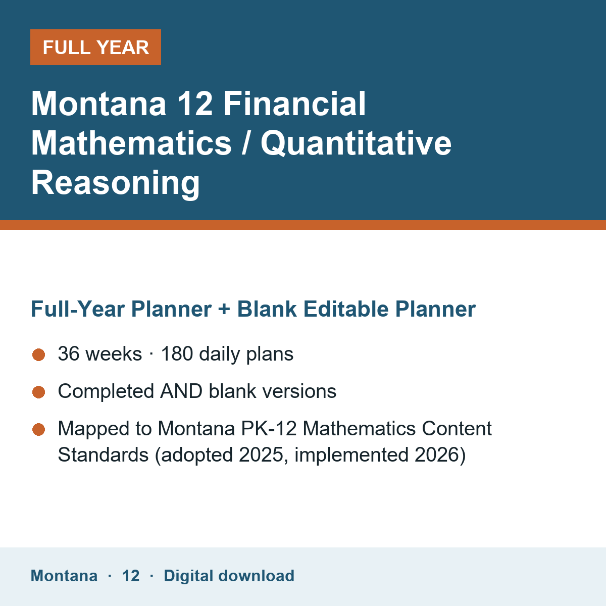 Cover of the Montana Grade 12 Financial Mathematics / Quantitative Reasoning full-year teacher planner