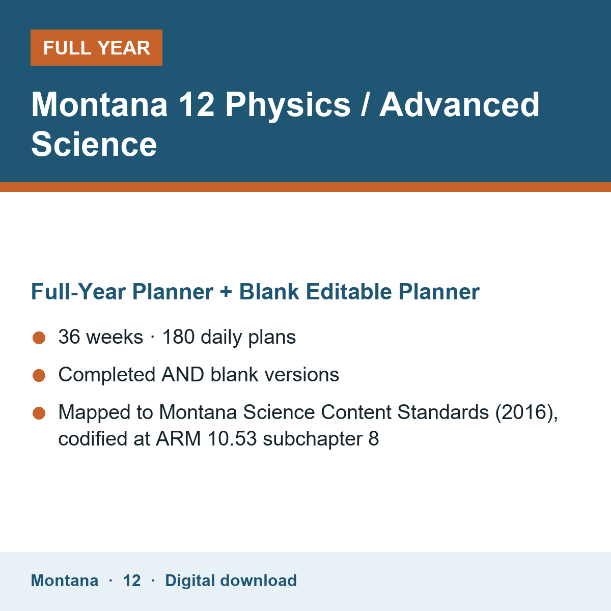 Cover of the Montana Grade 12 Physics / Advanced Science full-year teacher planner