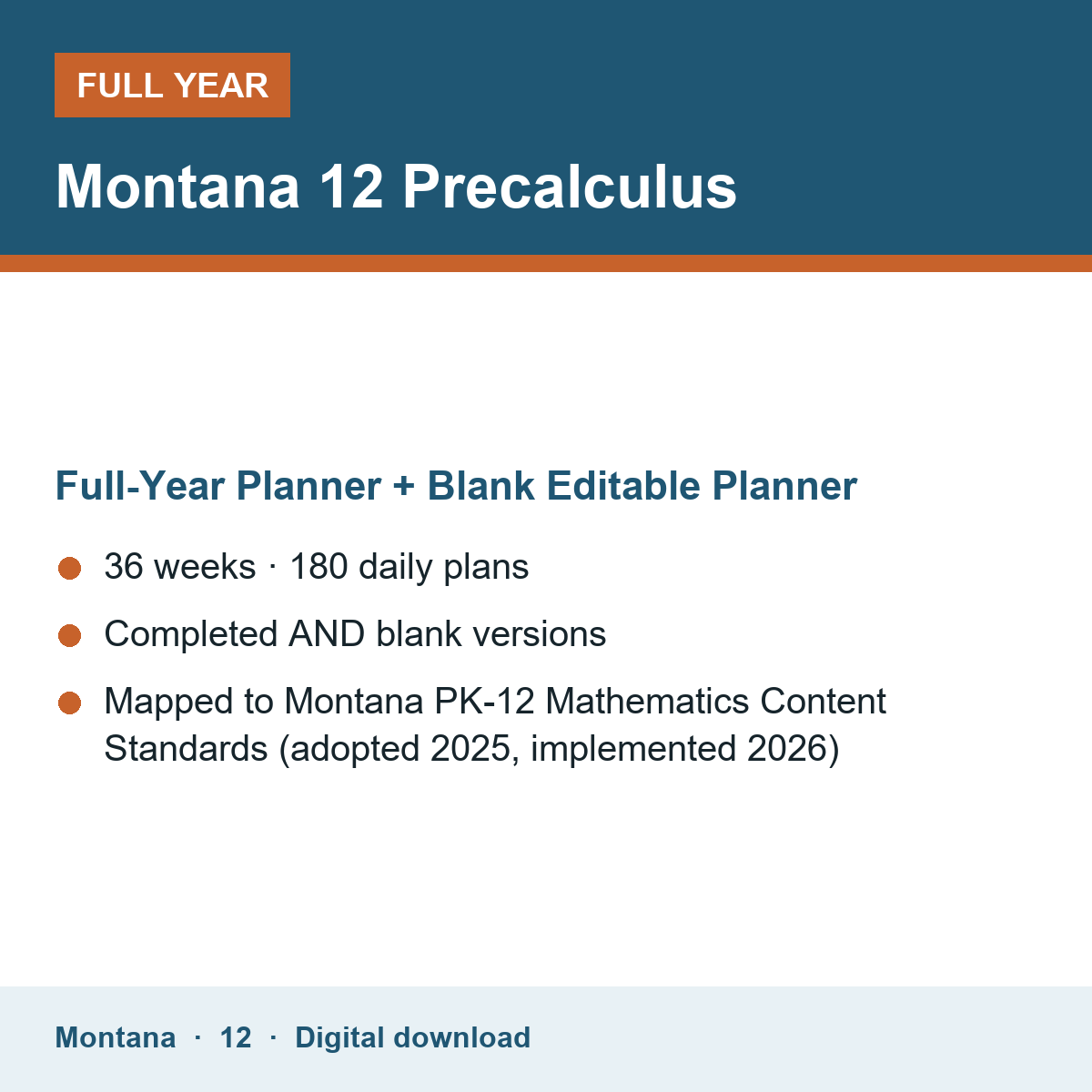 Cover of the Montana Grade 12 Precalculus full-year teacher planner