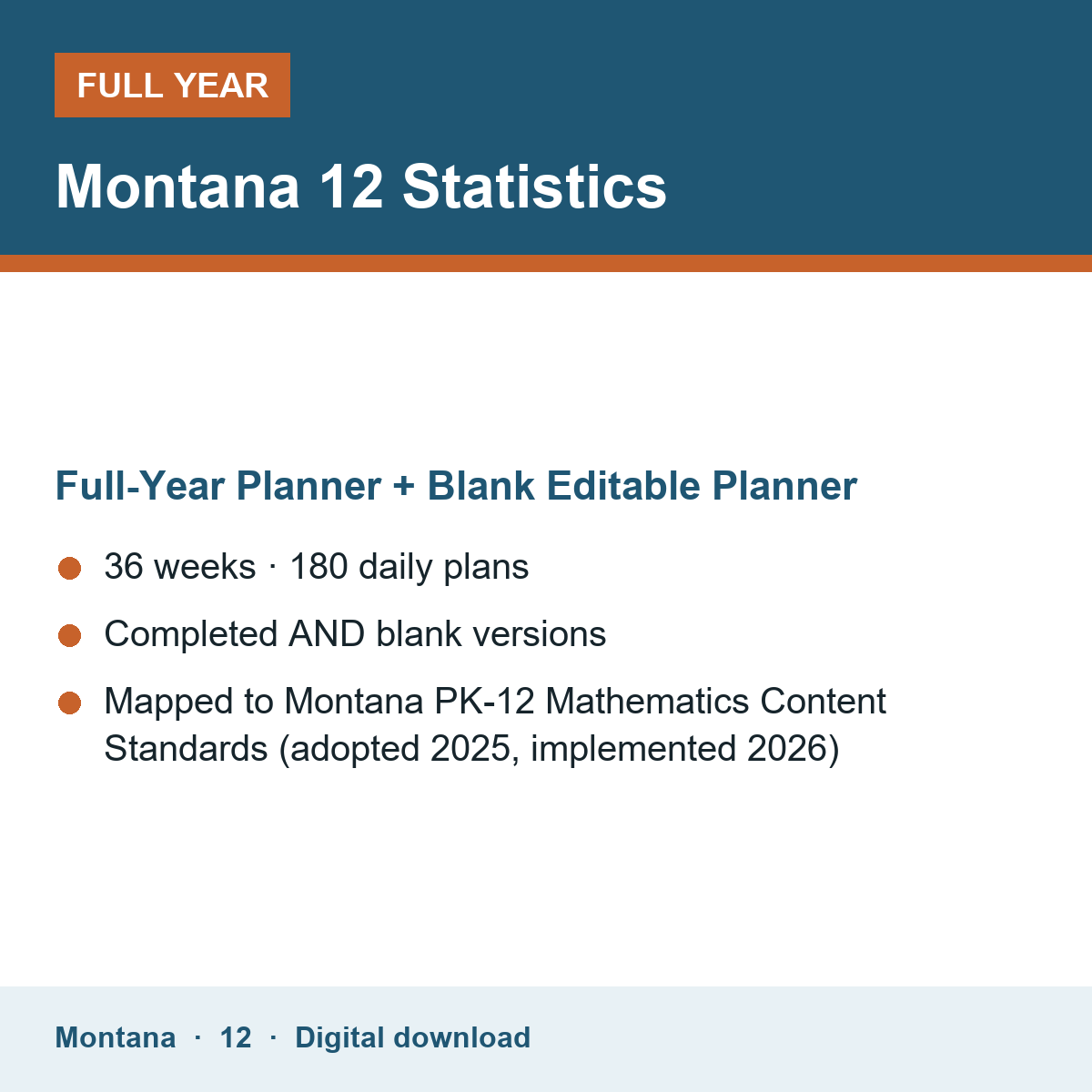 Cover of the Montana Grade 12 Statistics full-year teacher planner
