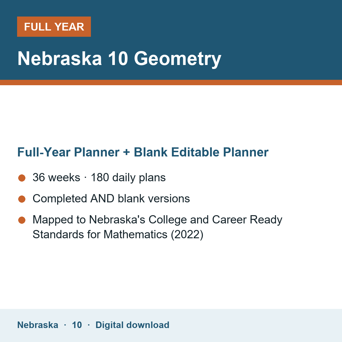Cover of the Nebraska Grade 10 Geometry full-year teacher planner