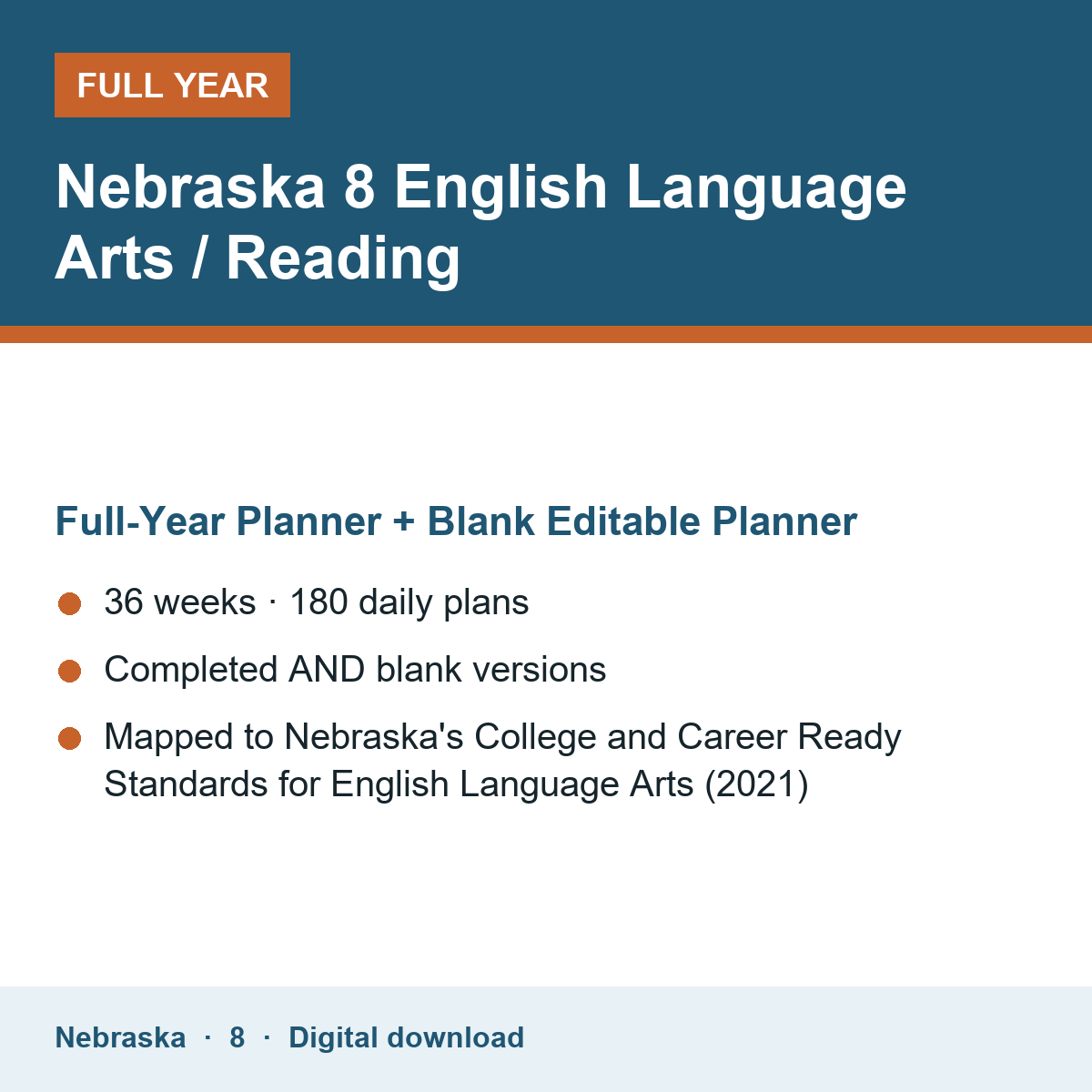 Cover of the Nebraska Grade 8 English Language Arts / Reading full-year teacher planner