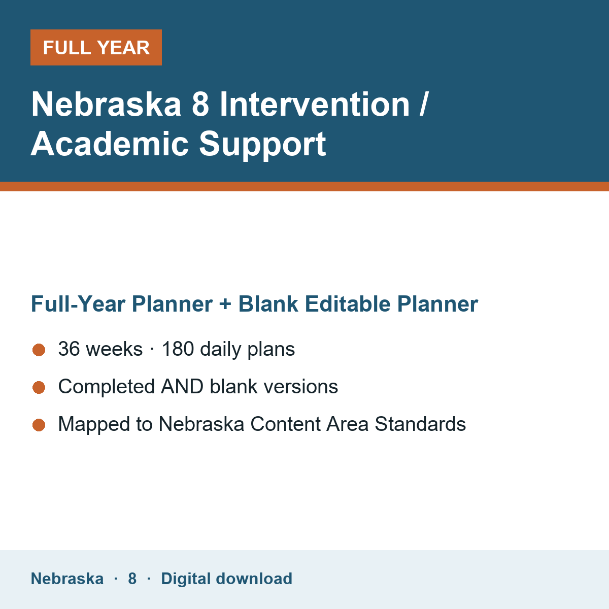 Cover of the Nebraska Grade 8 Intervention / Academic Support full-year teacher planner