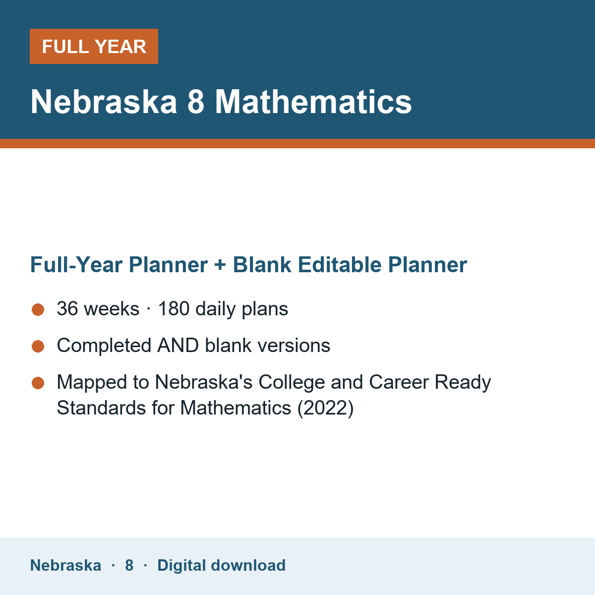 Cover of the Nebraska Grade 8 Mathematics full-year teacher planner