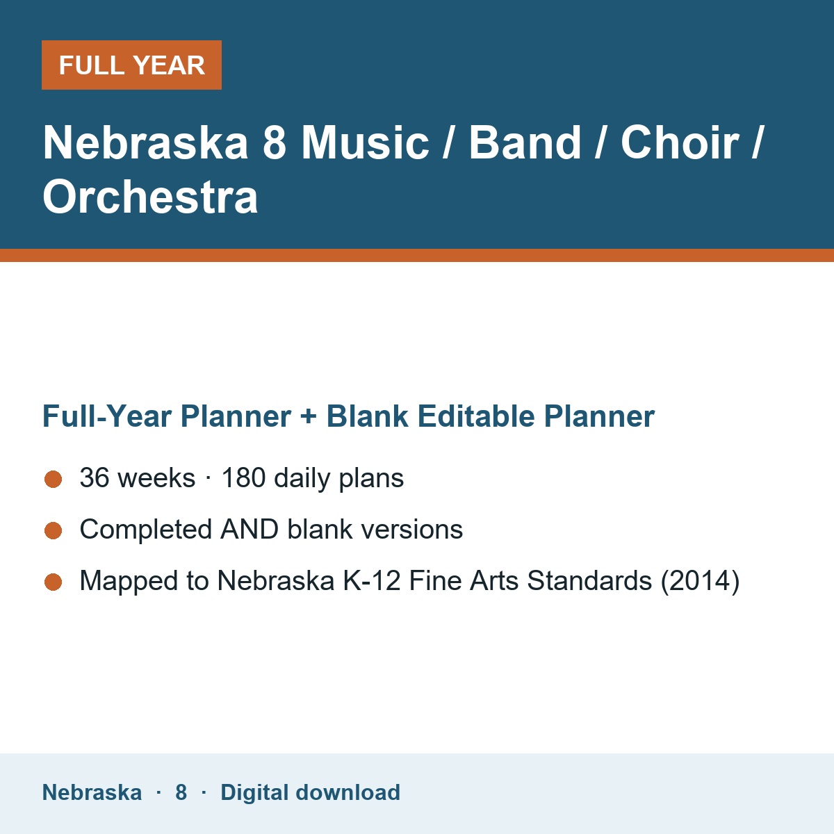 Cover of the Nebraska Grade 8 Music / Band / Choir / Orchestra full-year teacher planner