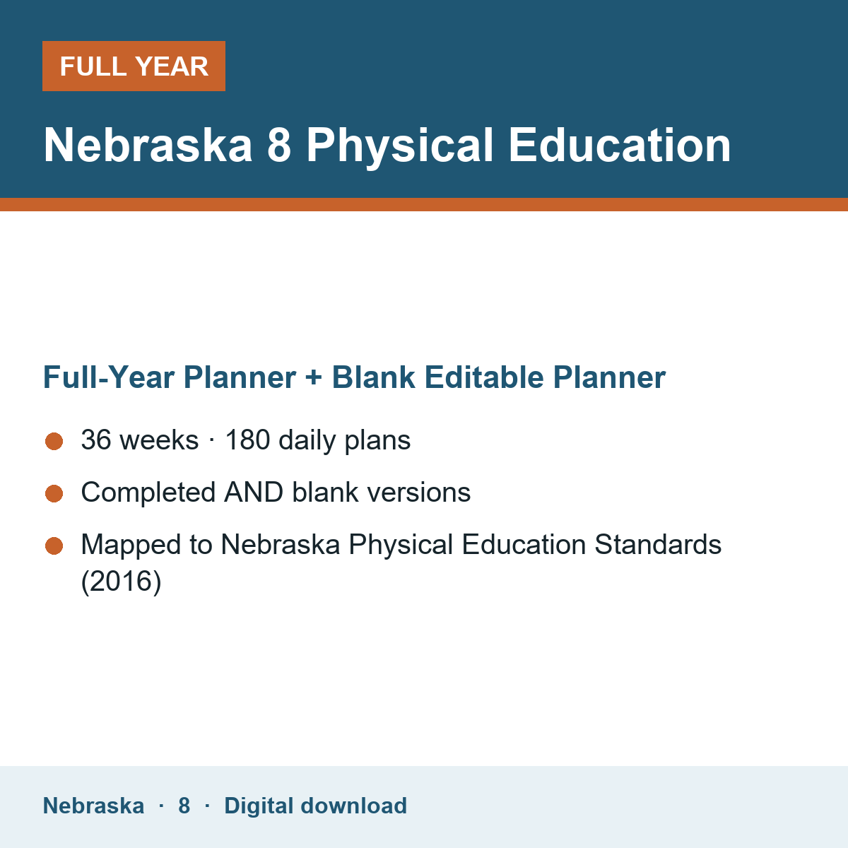 Cover of the Nebraska Grade 8 Physical Education full-year teacher planner