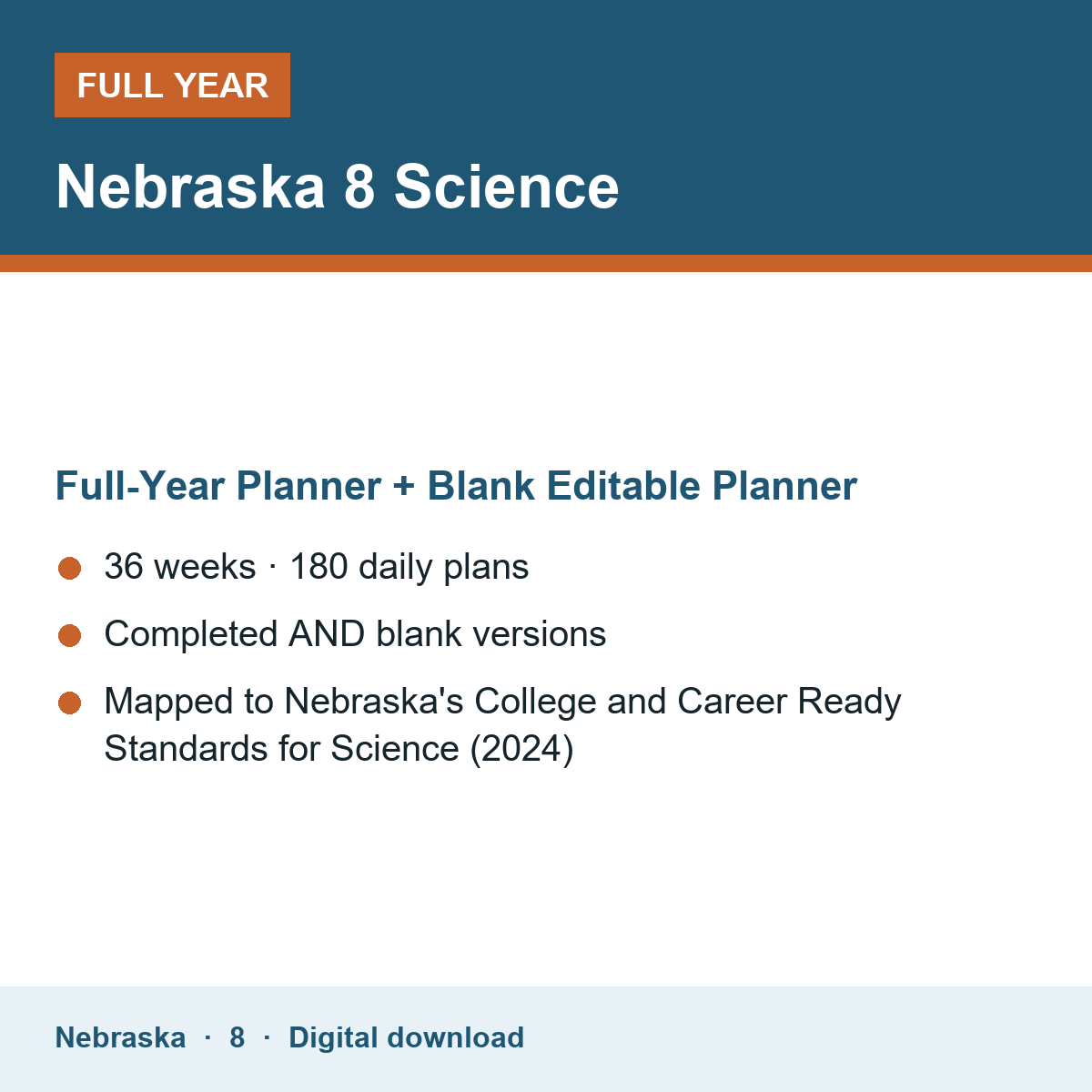 Cover of the Nebraska Grade 8 Science full-year teacher planner
