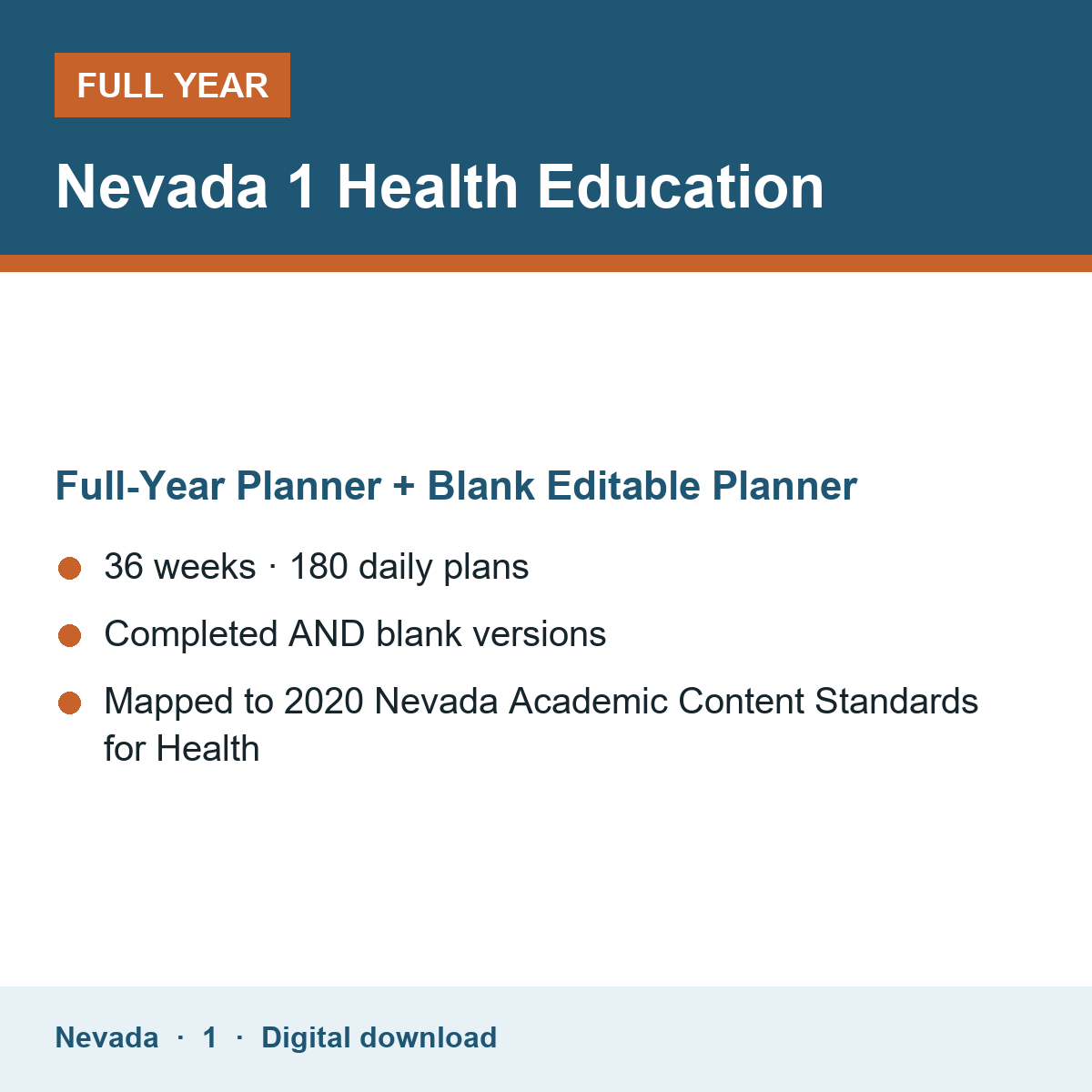 Cover of the Nevada Grade 1 Health Education full-year teacher planner