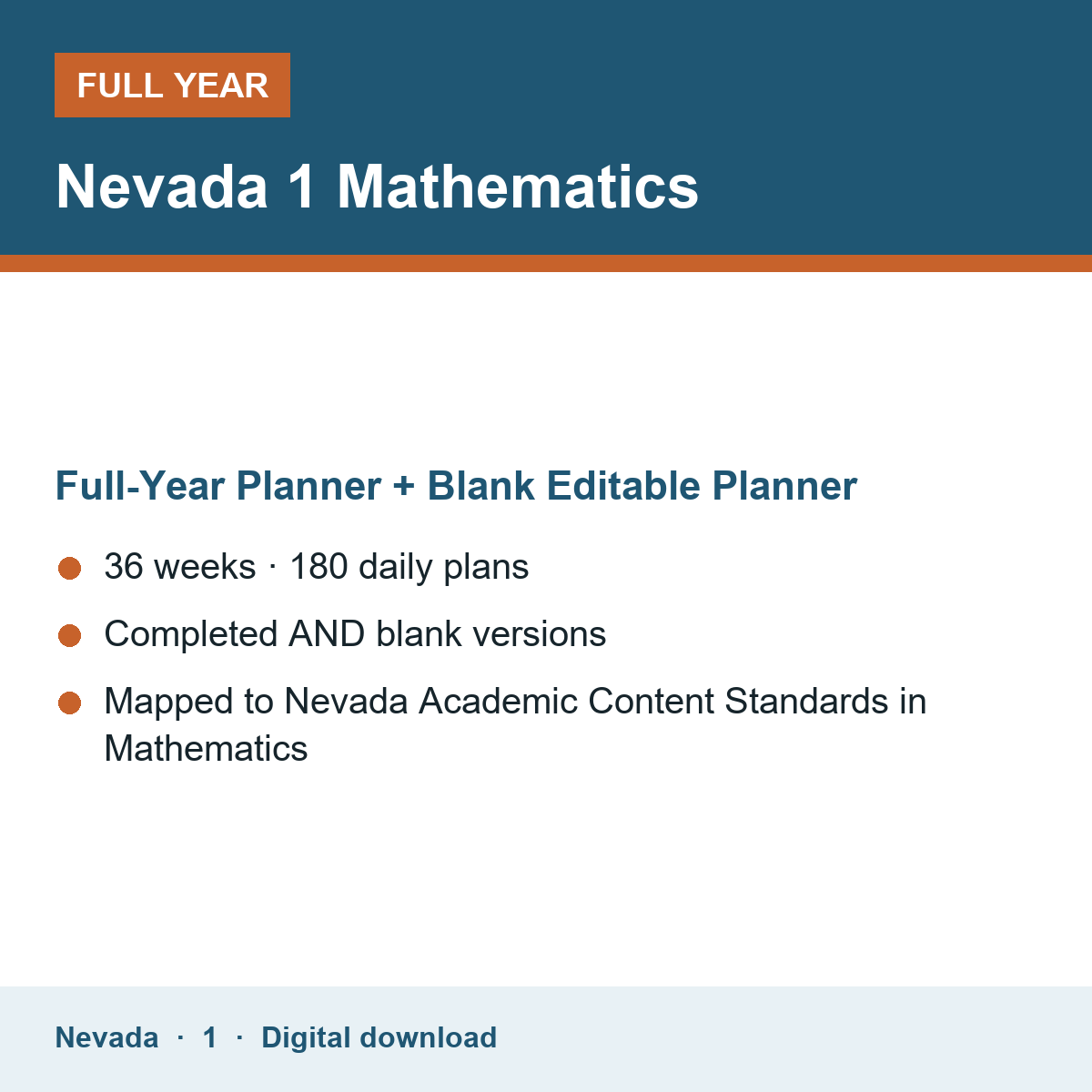 Cover of the Nevada Grade 1 Mathematics full-year teacher planner