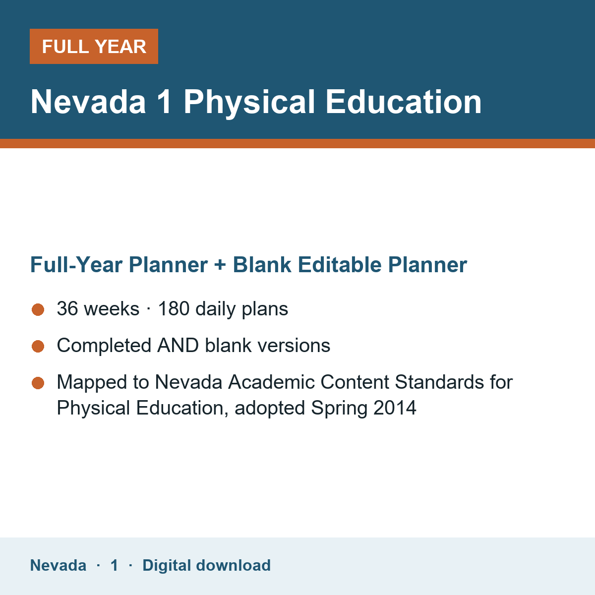 Cover of the Nevada Grade 1 Physical Education full-year teacher planner