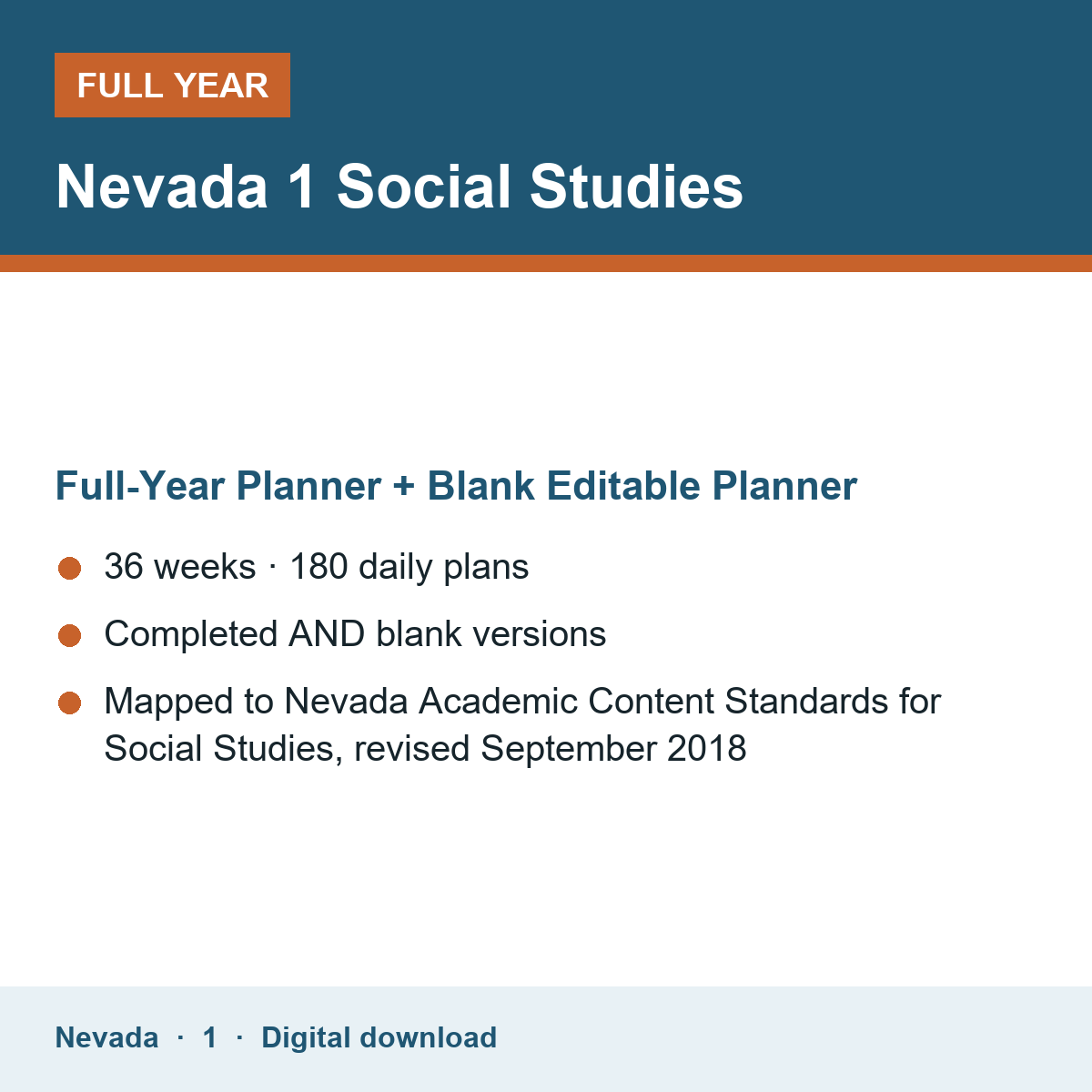 Cover of the Nevada Grade 1 Social Studies full-year teacher planner